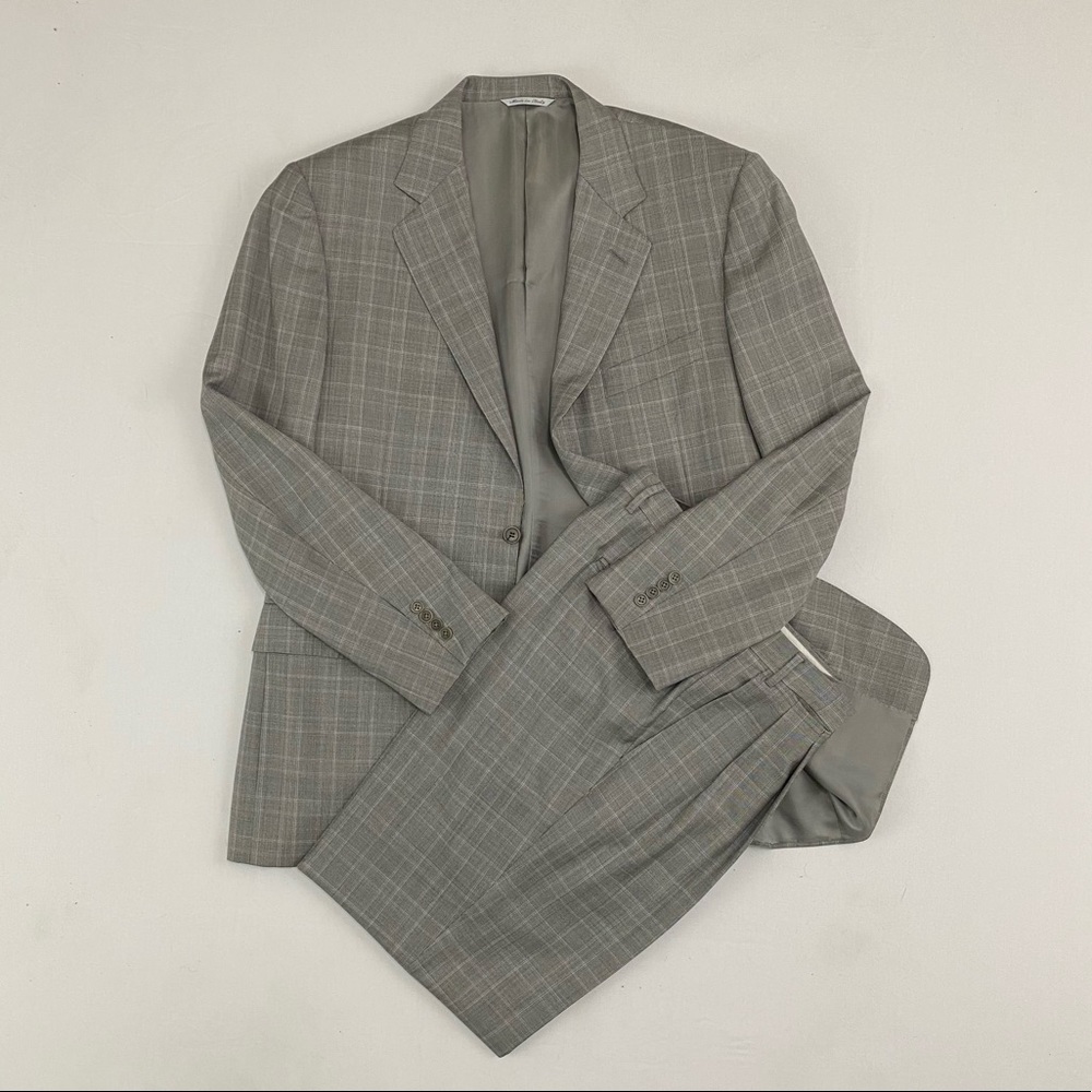 Canali Grey Windowpane 100% Wool Suit Made in Italy